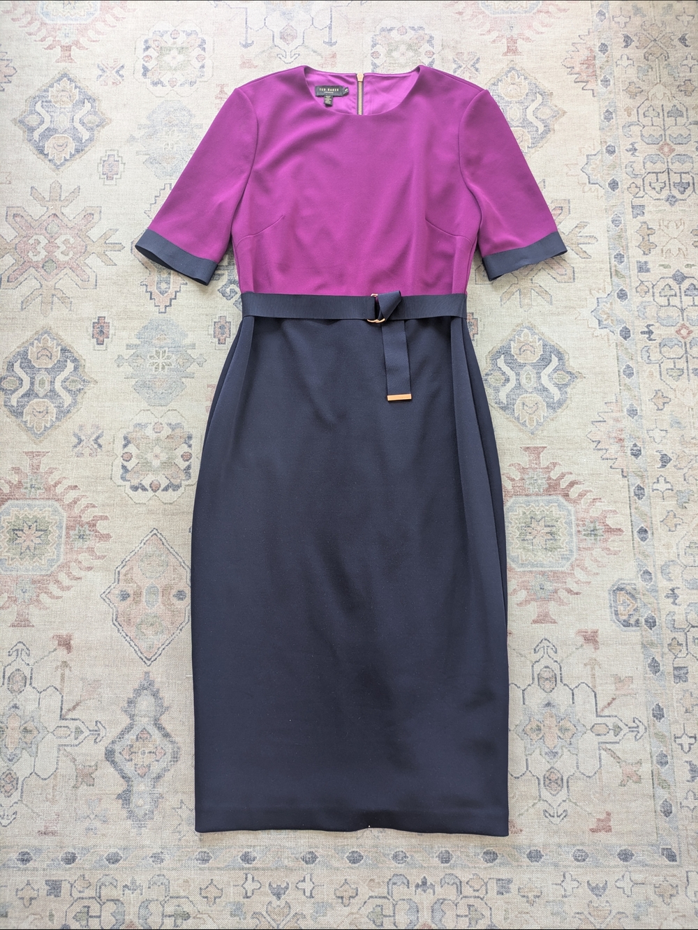 Ted Baker London 🇬🇧 Magenta, Navy, Rose Gold Belted Sheath Dress